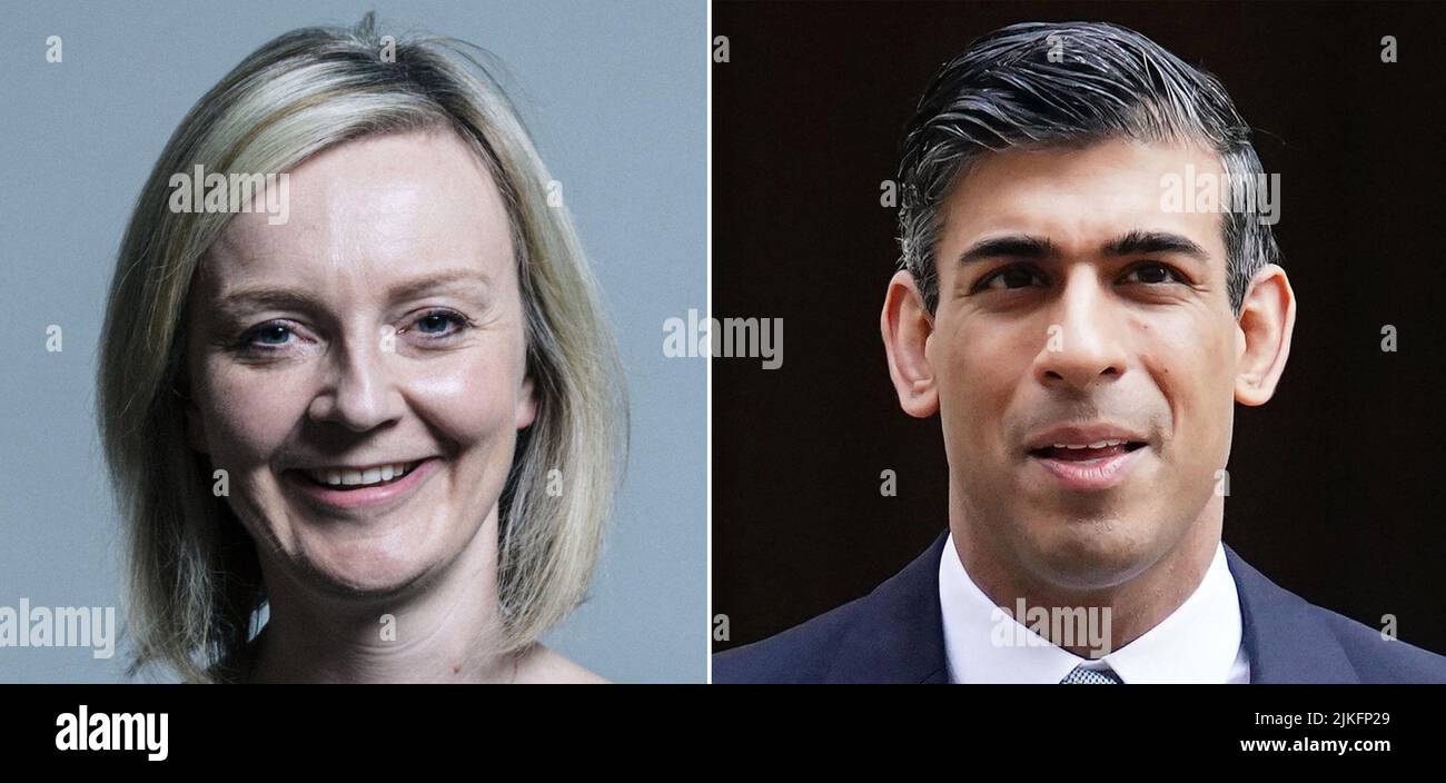 Datei-Foto vom 20/07/22 von undatierten Datei-Fotos von Liz Truss und Rishi Sunak, die es bis zu den letzten beiden im Tory-Leadership-Rennen geschafft haben, wobei Penny Mordaunt nach der letzten Wahlrunde der Abgeordneten aus dem Wettbewerb ausgeschieden ist. Rishi Sunak und Liz Truss haben ihre politischen Positionen zu einer Reihe von Themen weiter konkretisieren können, da Stimmzettel auf Tories Fußmatten fallen. In den nächsten Wochen wird es Sache der konservativen Mitglieder sein, zu entscheiden, welche der beiden in Nr. 10 die höchste Stelle übernehmen wird. Die beiden haben bisher zwei der 12 offiziellen Tory-Hustings des Sommers befahren, wo sie sich befinden Stockfoto