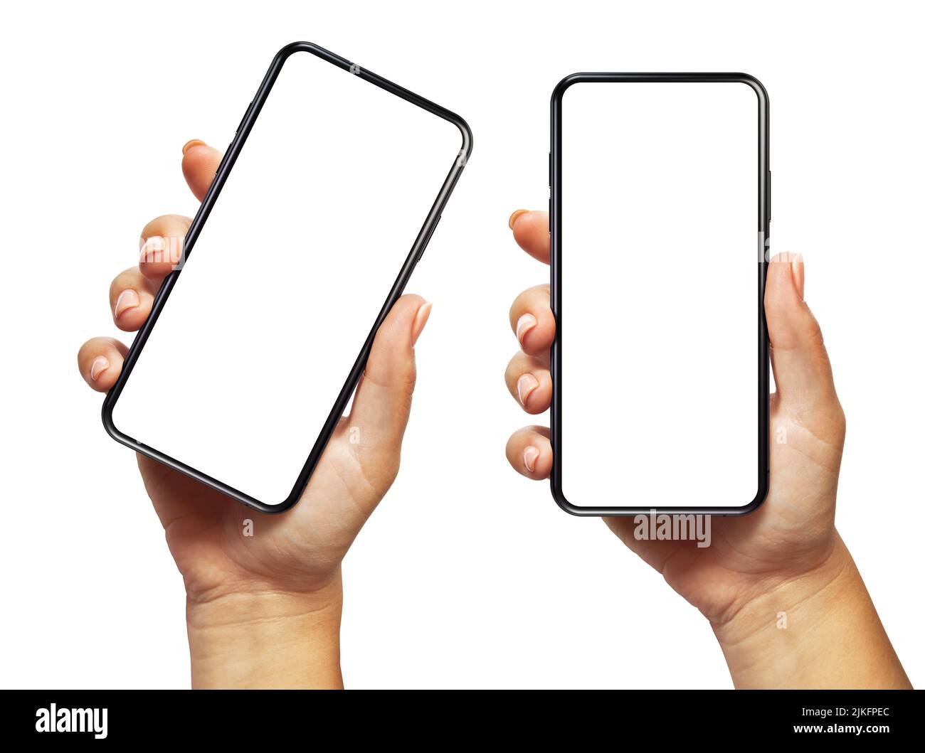 Frau Hand hält das schwarze Smartphone mit leerem Bildschirm und modernem rahmenlosen Design zwei Positionen abgewinkelt und vertikal - isoliert auf weißem Hintergrund Stockfoto