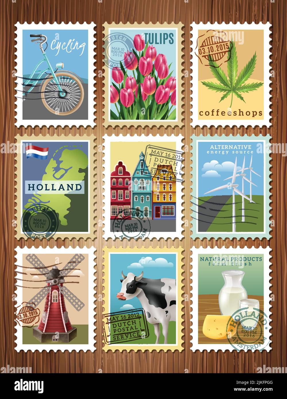 Holländische Kultur Traditionen Bunte Briefmarken mit Windmühlen Tulpen Amsteredam Häuser und Käse Poster Vektor Illustration Stock Vektor