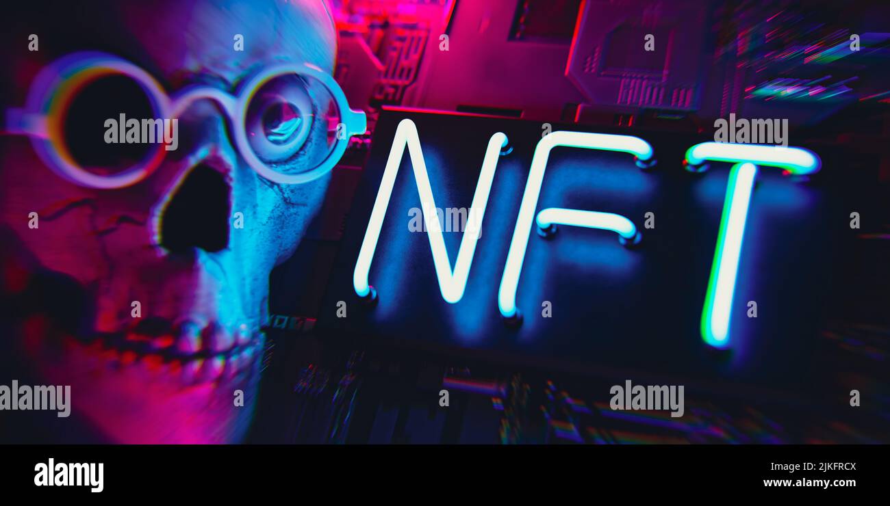 NFT nicht-fungible Token, Krypto-Art-Konzept mit Neon-Text. Beispieltyp des kryptografischen Tokens, der ein einzigartiges Schädelgesicht in einer Brille darstellt - 3D rende Stockfoto