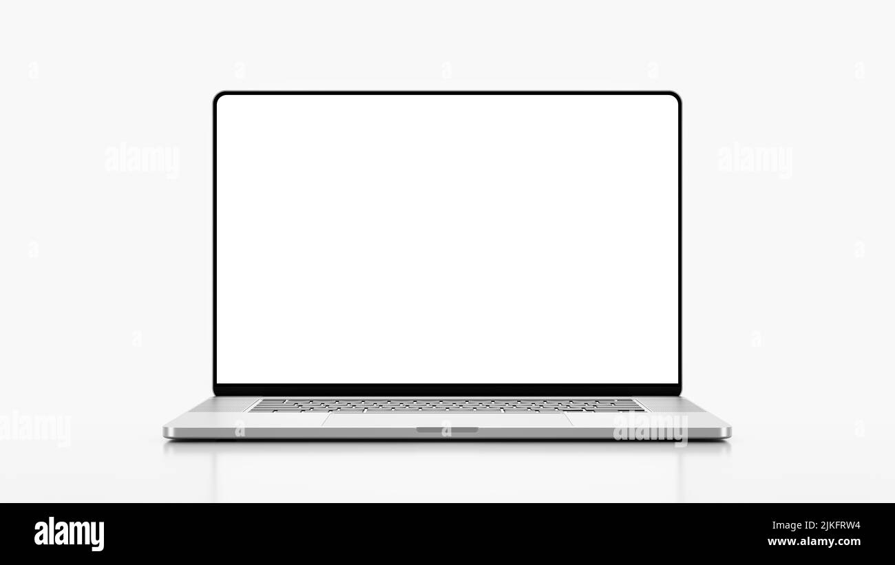 Laptop rahmenlos mit leerem Bildschirm isoliert auf weißem Hintergrund - super hoch detaillierte fotorealistische Stockfoto