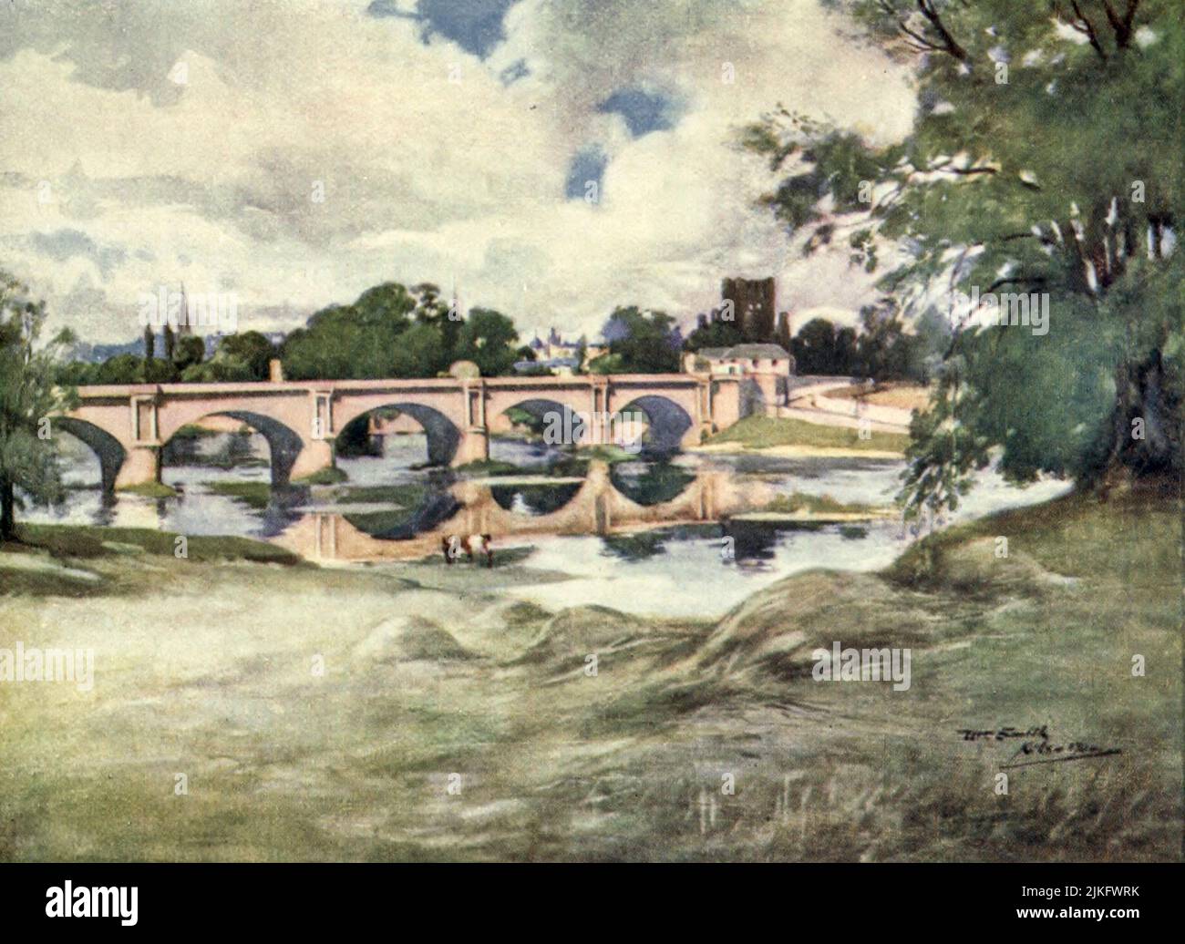 Kelso Abbey and Bridge gemalt von William Smith, jr., aus dem Buch ' Abbotsford ' von W. S. Crockett Erscheinungsdatum 1905 Herausgeber/Verlag London Adam and Charles Black Abbotsford ist ein historisches Landhaus an den schottischen Grenzen, in der Nähe von Galashiels, am Südufer des Flusses Tweed. Heute für die Öffentlichkeit zugänglich, wurde es zwischen 1817 und 1825 als Residenz des historischen Romanciers und Dichters Sir Walter Scott erbaut. Es ist ein denkmalgeschütztes Gebäude der Kategorie A, und das Anwesen ist im Inventar der Gärten und gestalteten Landschaften in Schottland aufgeführt Stockfoto