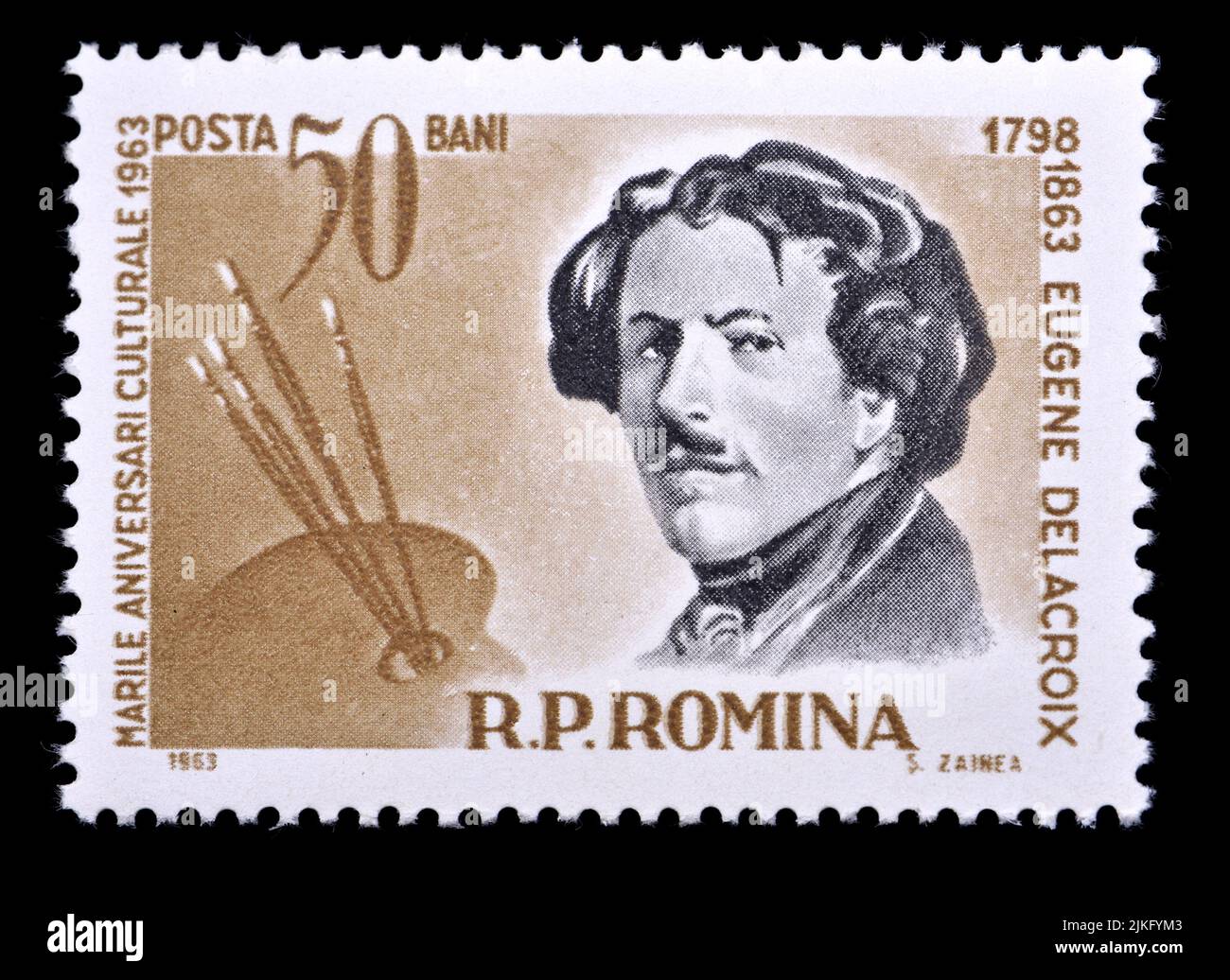 Rumänische Briefmarke (1963) : Eugène Delacroix (1798-1863), französischer Maler Stockfoto