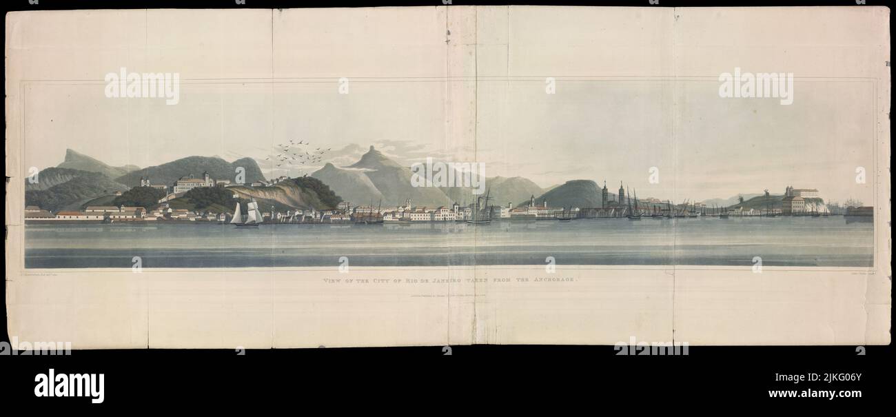 Panoramablick auf die Stadt Rio de Janeiro aus dem Ankerplatz von Sir Henry Chamberlain, 2. Baronet-Graveur: John Heaviside Clark. John Heaviside Clark (um 1771–1863) war ein schottischer Aquatinta-Graveur und Maler von Meereslandschaften und Landschaften. Er war auch bekannt als Waterloo Clark, wegen der Skizzen, die er direkt nach der Schlacht von Waterloo auf dem Feld machte. Clark stellte zwischen 1801 und 1832 regelmäßig an der Royal Academy aus. Er war Autor Eines praktischen Essays über die Kunst des Malens und Malens von Landschaften, mit Illustrationen, veröffentlicht im Jahr 1807, und Eine praktische Illustration von G Stockfoto