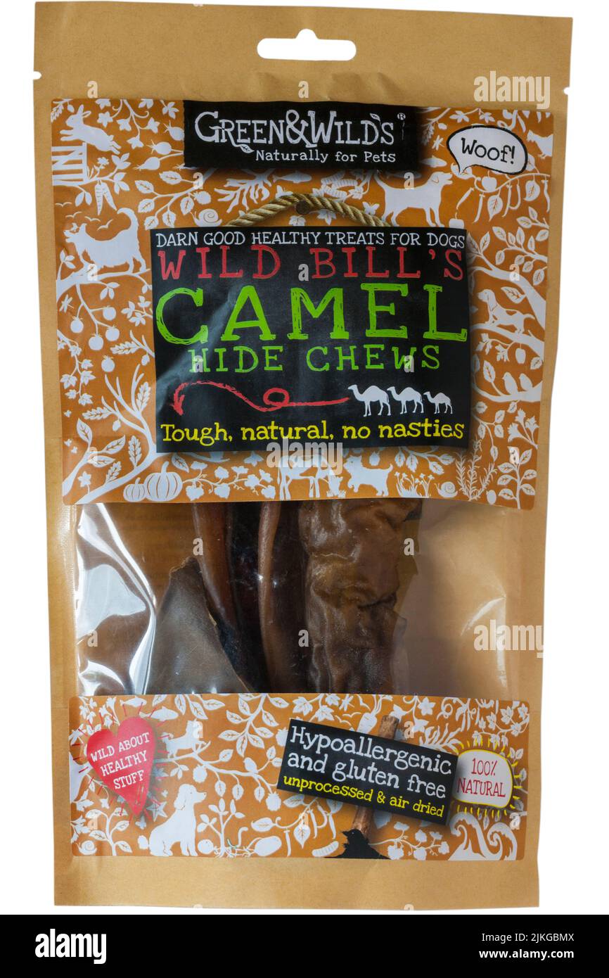Packung Wild Bill's Camel Hide Chews von Green & Wilds robust natürlich keine Krawatten natürlich für Haustiere 100% natürlich - Hundekauen Stockfoto