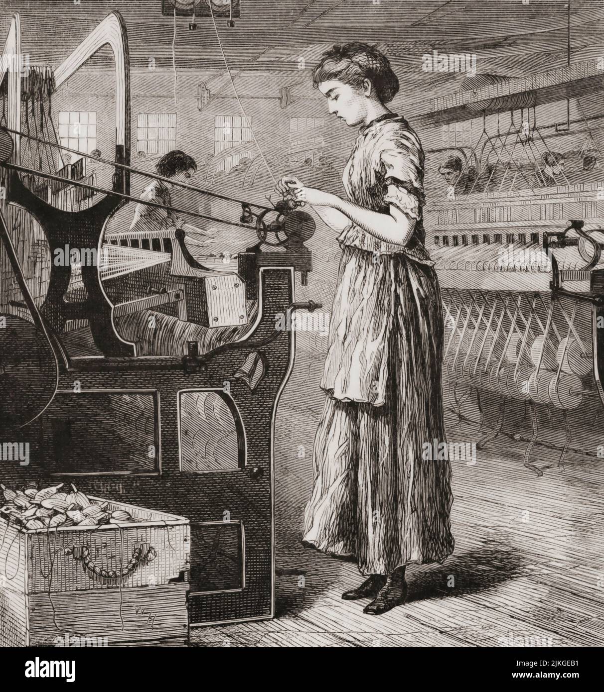 Frau, die im 19.. Jahrhundert in einer Fabrik an einem Webstuhl arbeitete, Vereinigte Staaten von Amerika. Nach einer Illustration von Winslow Homer. Stockfoto