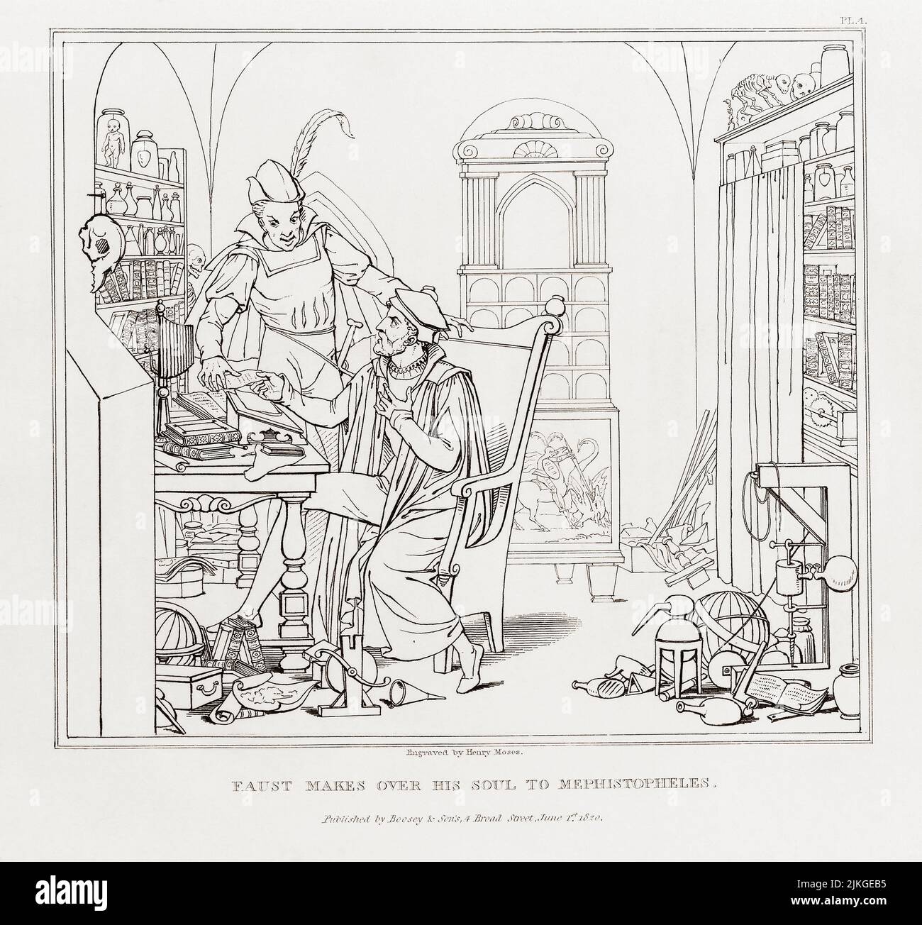 Faust überlässt Mephistopheles seine Seele. Nach einer Illustration des deutschen Künstlers Moritz Retsch in einer englischen Ausgabe von Goethes Faustus von 1824. Die Gravur wurde von Henry Moses angefertigt. Faust verkauft seine Seele an den Teufel. Stockfoto