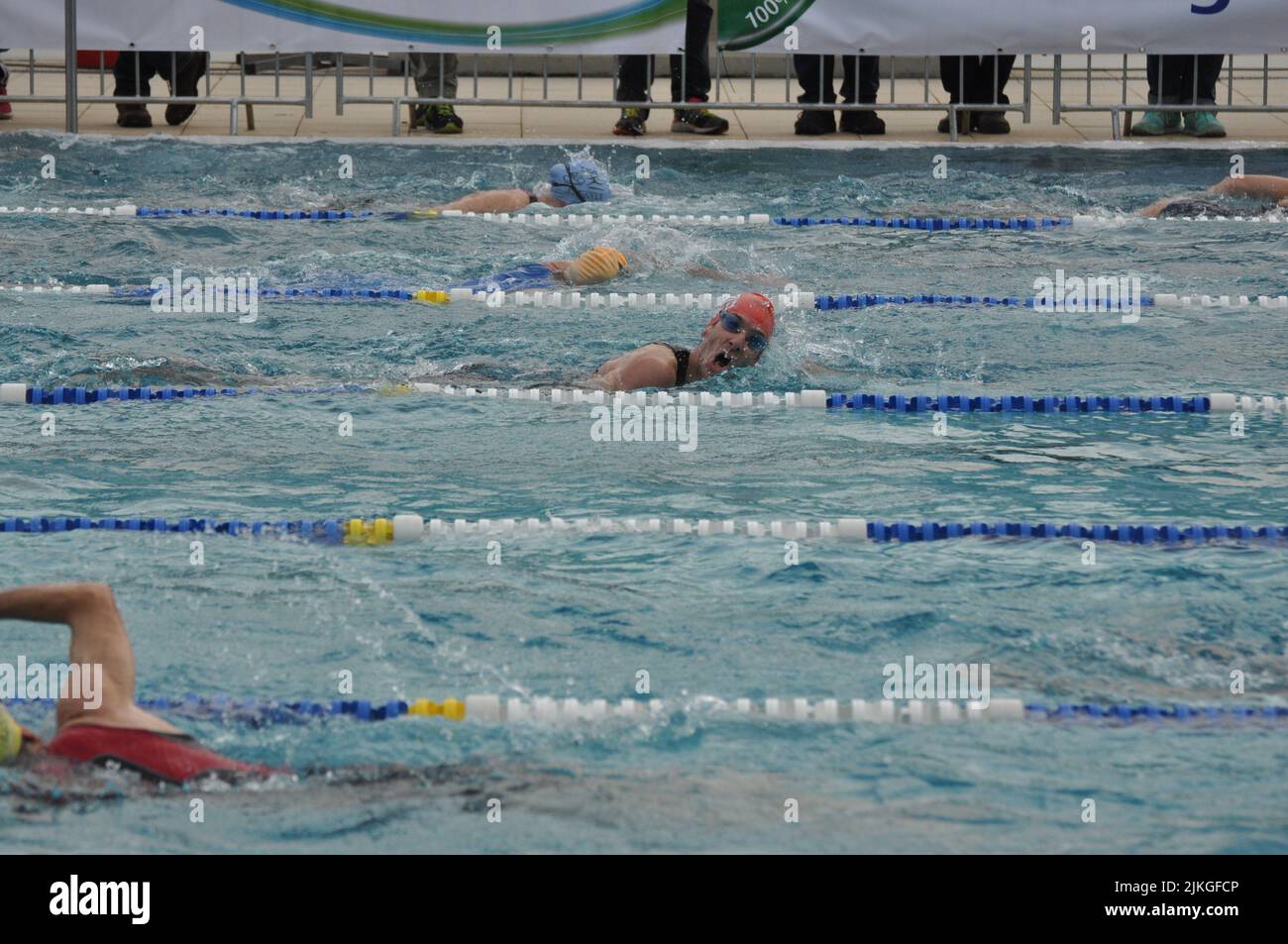 Athleten im Pool während eines Schwimmwettbewerbs Stockfoto
