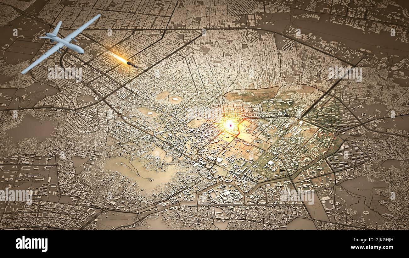 Satellitenansicht von Kabul. US-Drohnenstreik tötet Ayman al-Zawahri, den führenden Anführer der Kaida. Afghanistan. Drohne mit Rakete, militärisches Ziel. 3D Rendern Stockfoto