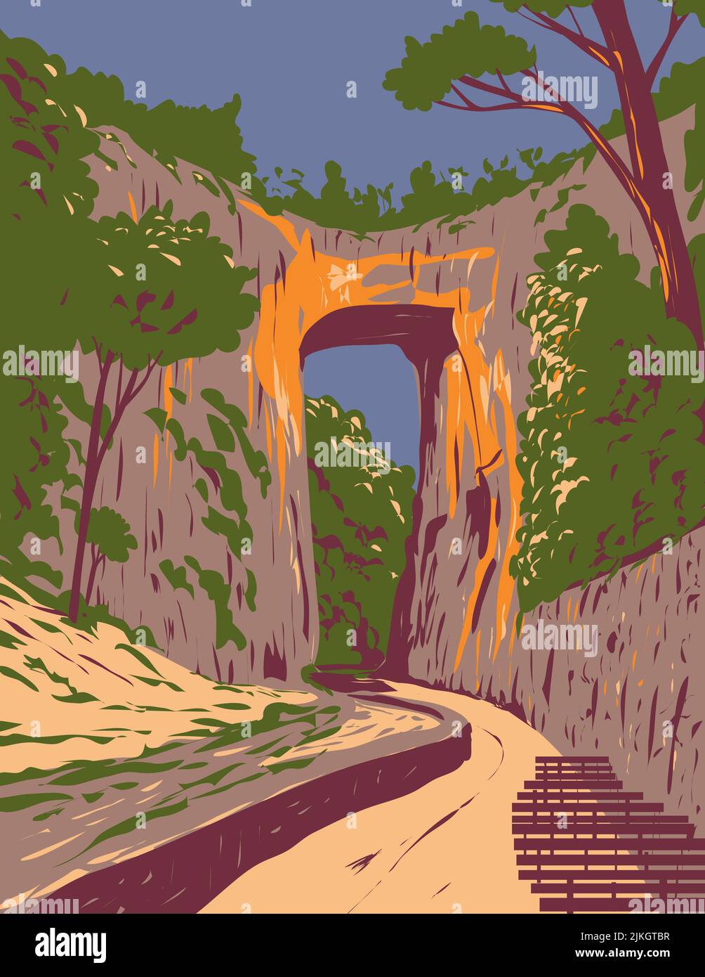 WPA-Plakatkunst des Natural Bridge State Park mit einem natürlichen Bogen in Rockbridge County, Virginia, USA, durchgeführt in der Projektverwaltung Stockfoto