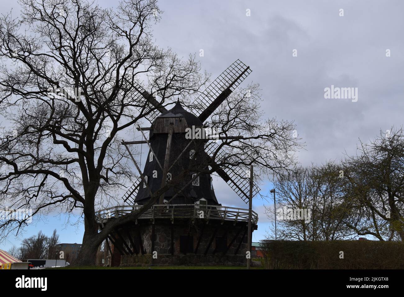 Eine Windmühle im alten Stil, umgeben von trockenen Bäumen unter einem bewölkten Himmel in Malmoe Stockfoto