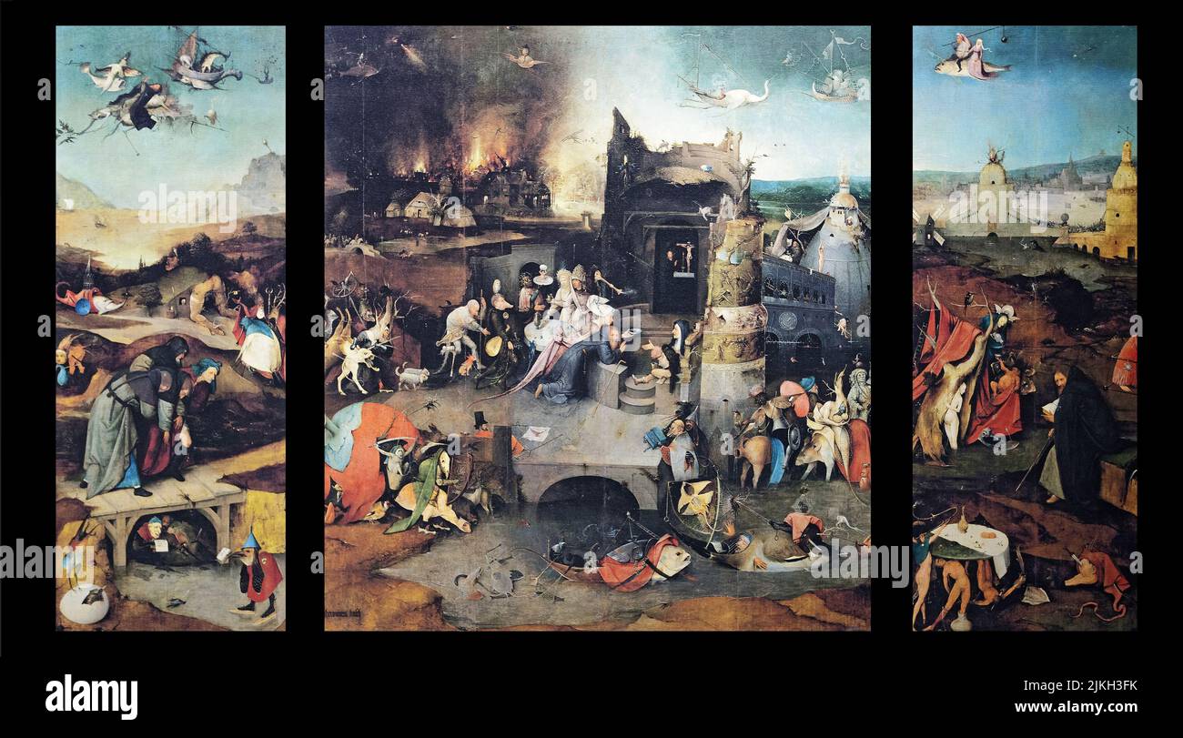 Triptychon DIE VERSUCHUNG DES HEILIGEN ANTONIUS, gemalt 1505-1506 von Hieronymus Bosch. Übernatürliche Versuchungen, denen der heilige Einsiedler ausgesetzt war. Im Stockfoto