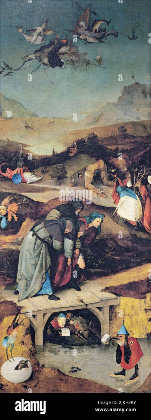 DIE VERSUCHUNG DES HEILIGEN ANTONIUS, gemalt 1505-1506 von Hieronymus Bosch. Übernatürliche Versuchungen, denen der heilige Einsiedler ausgesetzt war. Bild von al Stockfoto