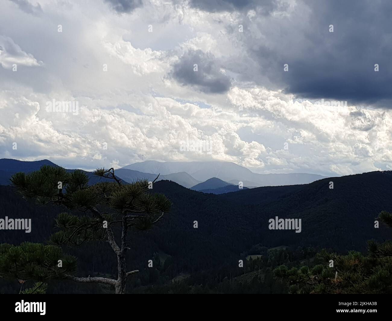 Eine ländliche Landschaft mit üppigen grünen Bäumen und Hügeln auf bewölktem Himmel Hintergrund Stockfoto