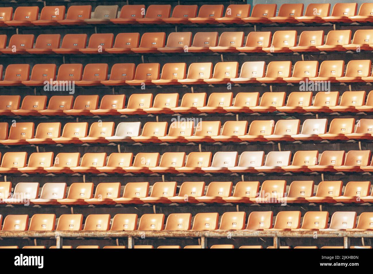 Eine große, gelb ausgerichtete Reihe leerer Theatersitze Stockfoto