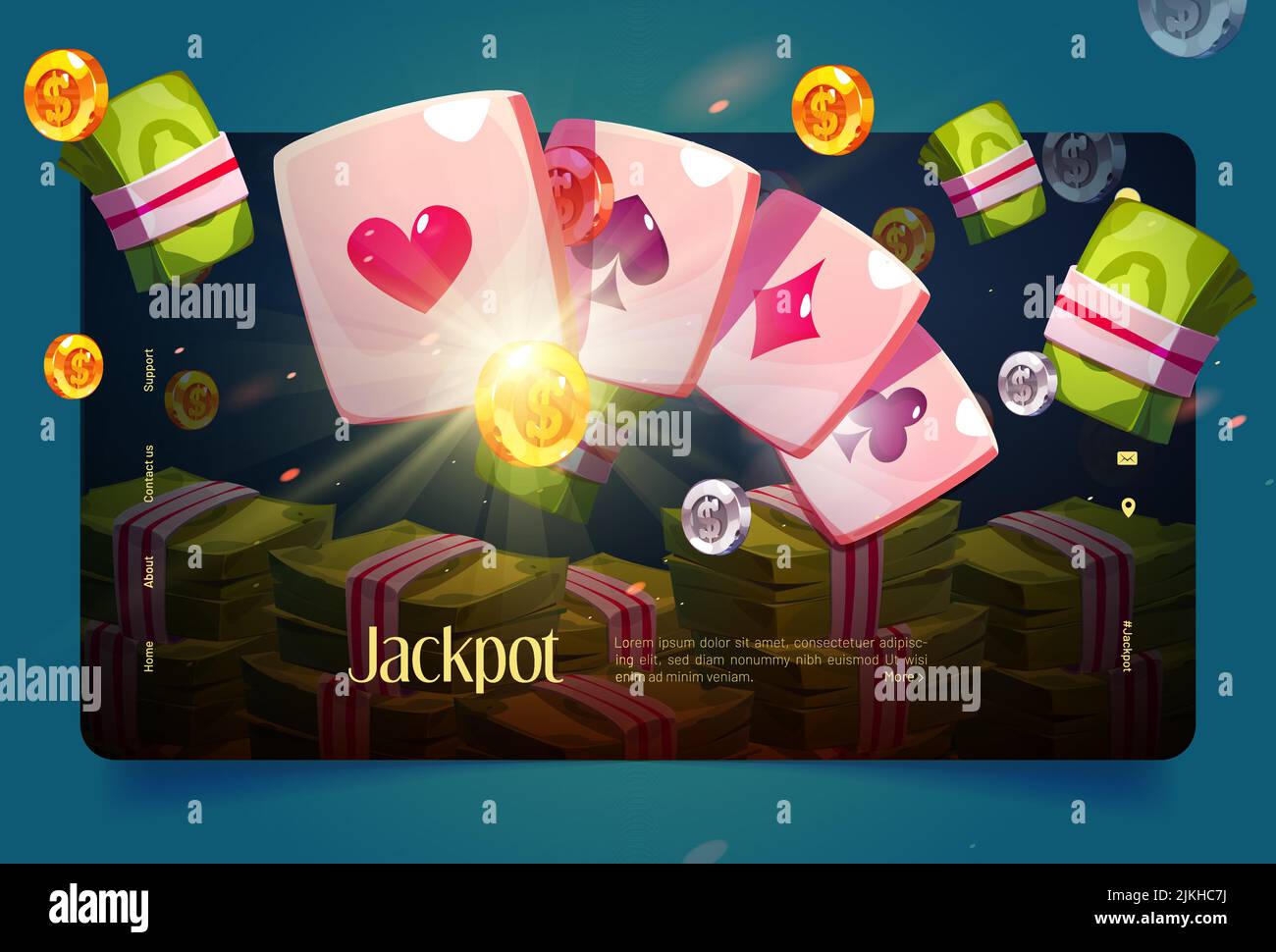 Casino Banner mit Poker-Karten und Geld Illustration. Vektor-Landing-Page von Online-Glücksspiel, Jackpot, Wettgewinn mit Cartoon-Assen, Gold- und Silbermünzen, Geldwaden Stock Vektor