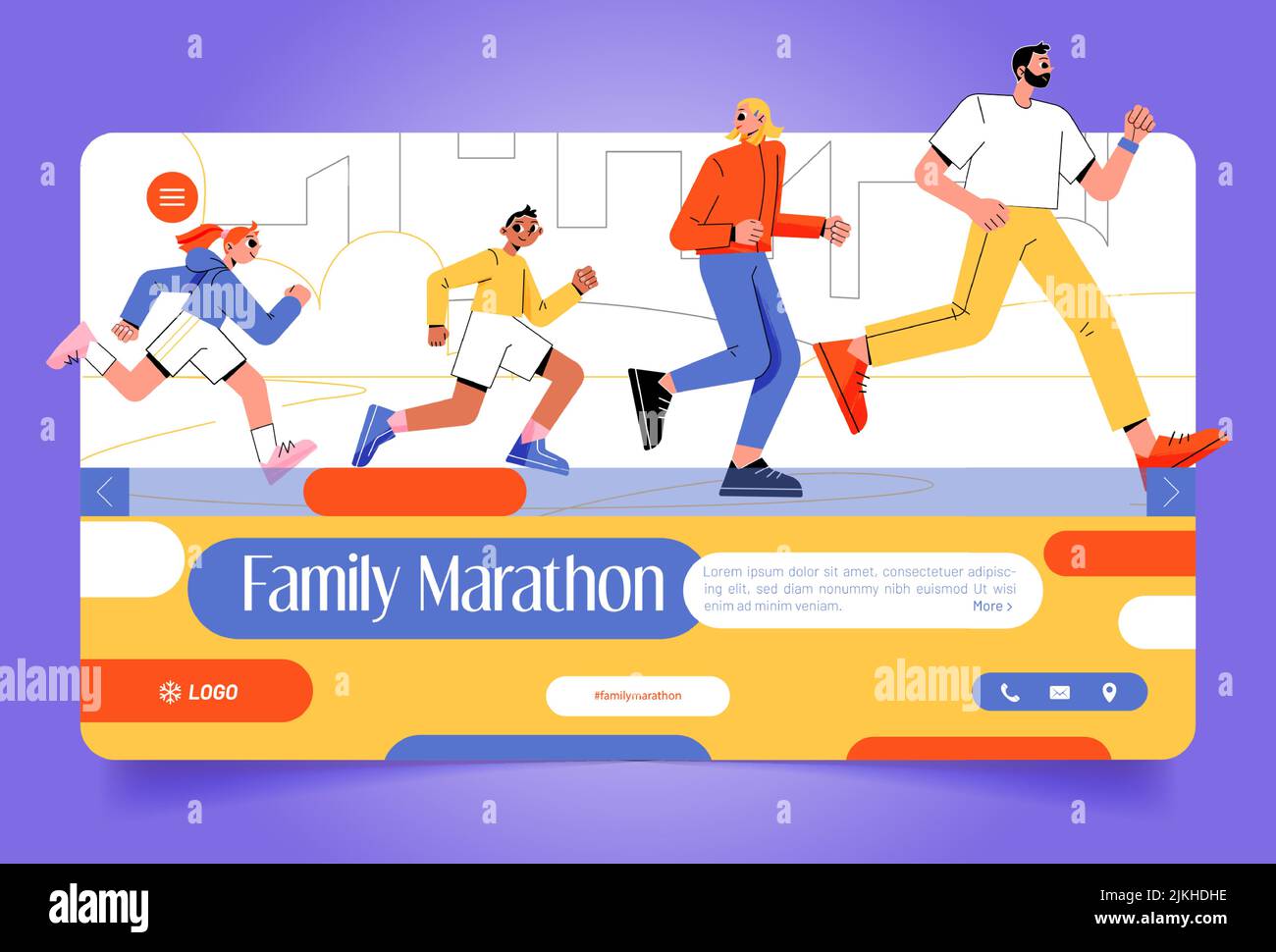 Familienmarathon-Banner mit glücklichen Paaren und Kindern, die in der Stadt laufen. Vektor-Landing-Page für sportliche Aktivität, gesunden Lebensstil mit flacher Illustration von Jungen und Mädchen beim Joggen mit den Eltern Stock Vektor