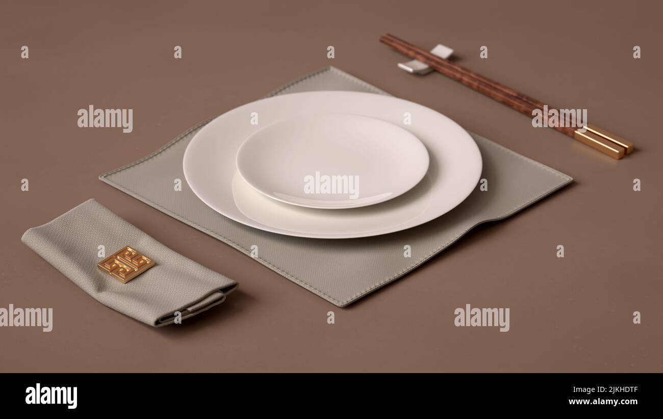 Eine Nahaufnahme von weißem asiatischem Geschirr auf einem braunen Tisch Stockfoto