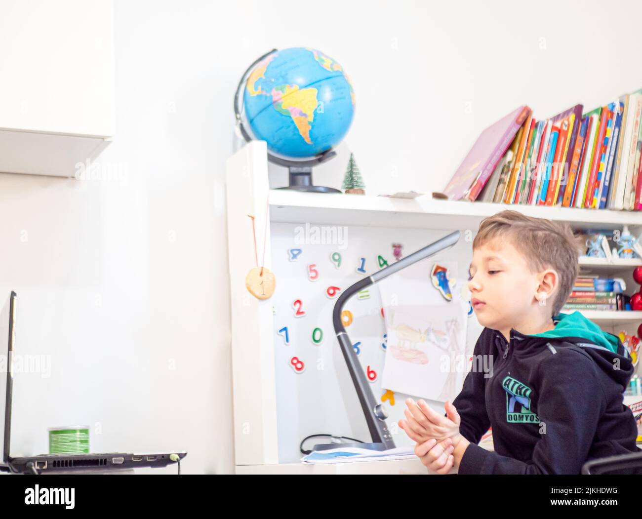 Fernunterricht Online-Bildung. Der Student studiert zu Hause und macht Hausaufgaben. Home Education und Fernstudium Konzept Stockfoto