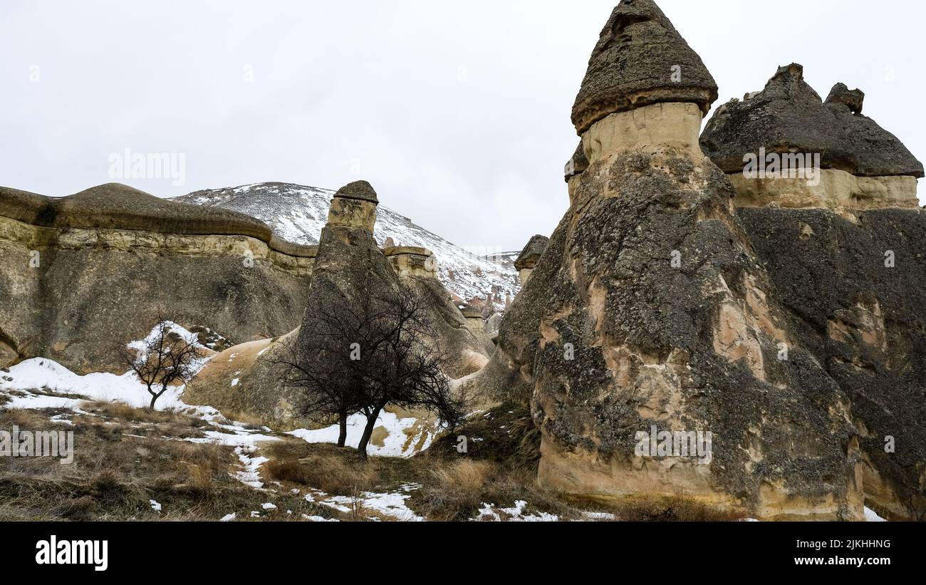 Ein Blick auf graue und beige geologische Formationen und Gesteine in Kappadokien, Türkei Stockfoto