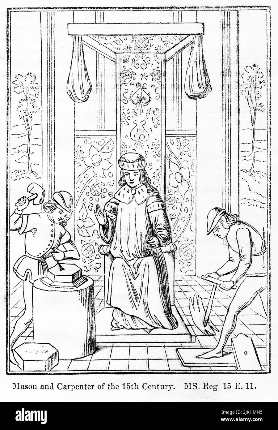 Mason und Schrpenter des 15. Jahrhunderts, Illustration aus dem Buch, „John Cassel’s Illustrated History of England, Volume II“, Text von William Howitt, Cassell, Petter und Galpin, London, 1858 Stockfoto
