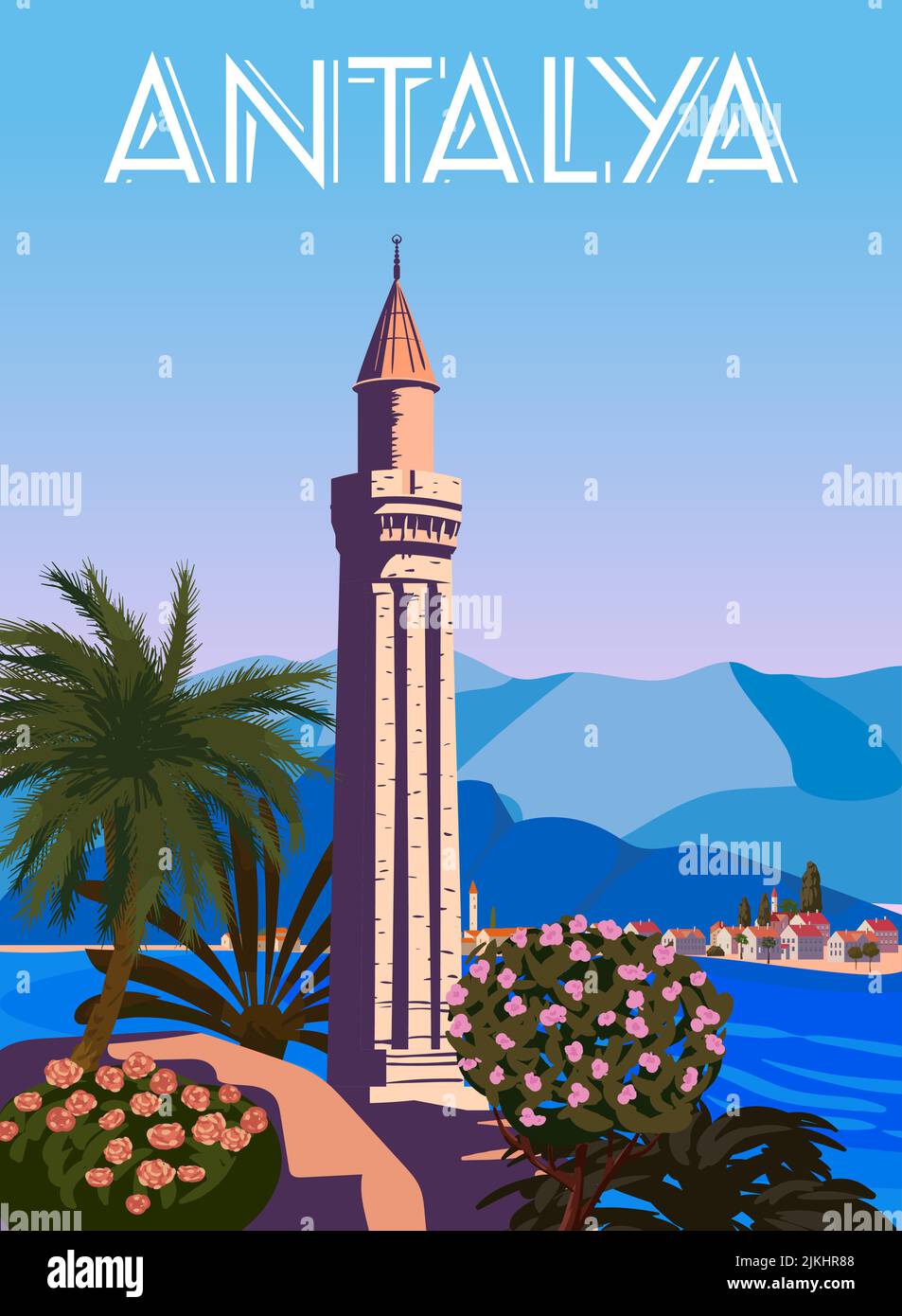 Antalya Retro Wahrzeichen Poster, Turkey Resort. Vintage touristische Reise Postkarte, Plakat, Vektor Stock Vektor