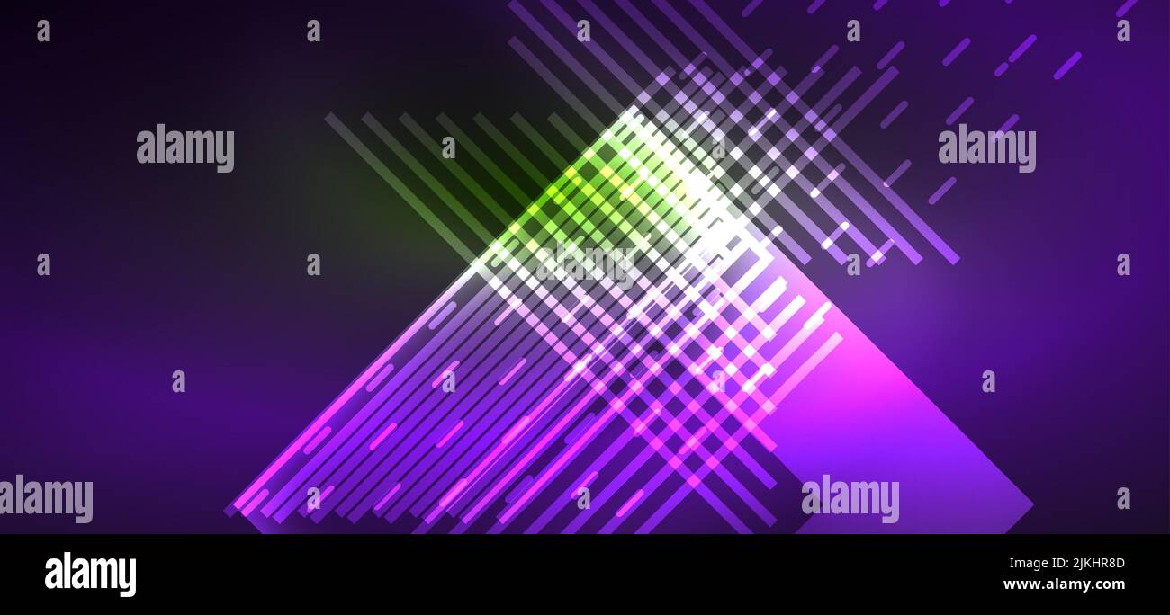 Hintergrund Tapete Neon leuchtende Linien und geometrische Formen. Dunkle Tapete für Konzept der KI-Technologie, Blockchain, Kommunikation, 5G, Wissenschaft, Bus Stock Vektor