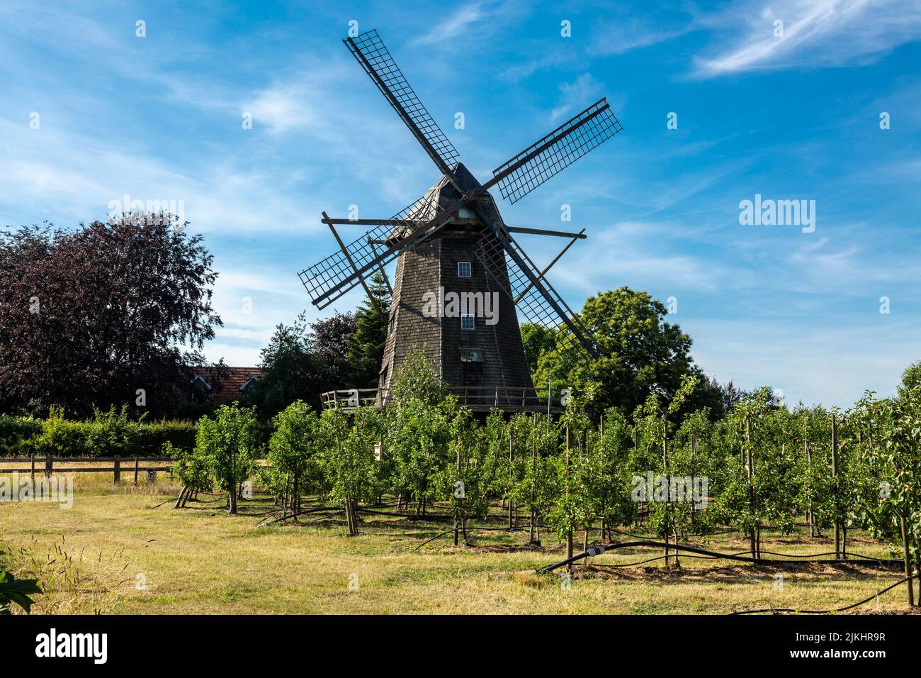 Deutschland, Coesfeld, Coesfeld-Lette, Berkel, Baumberge, Münsterland, Westfalen, Nordrhein-Westfalen, Buchstabe Windmühle, Kappenwindmühle, Turmwindmühle, Hollaendermühle Stockfoto