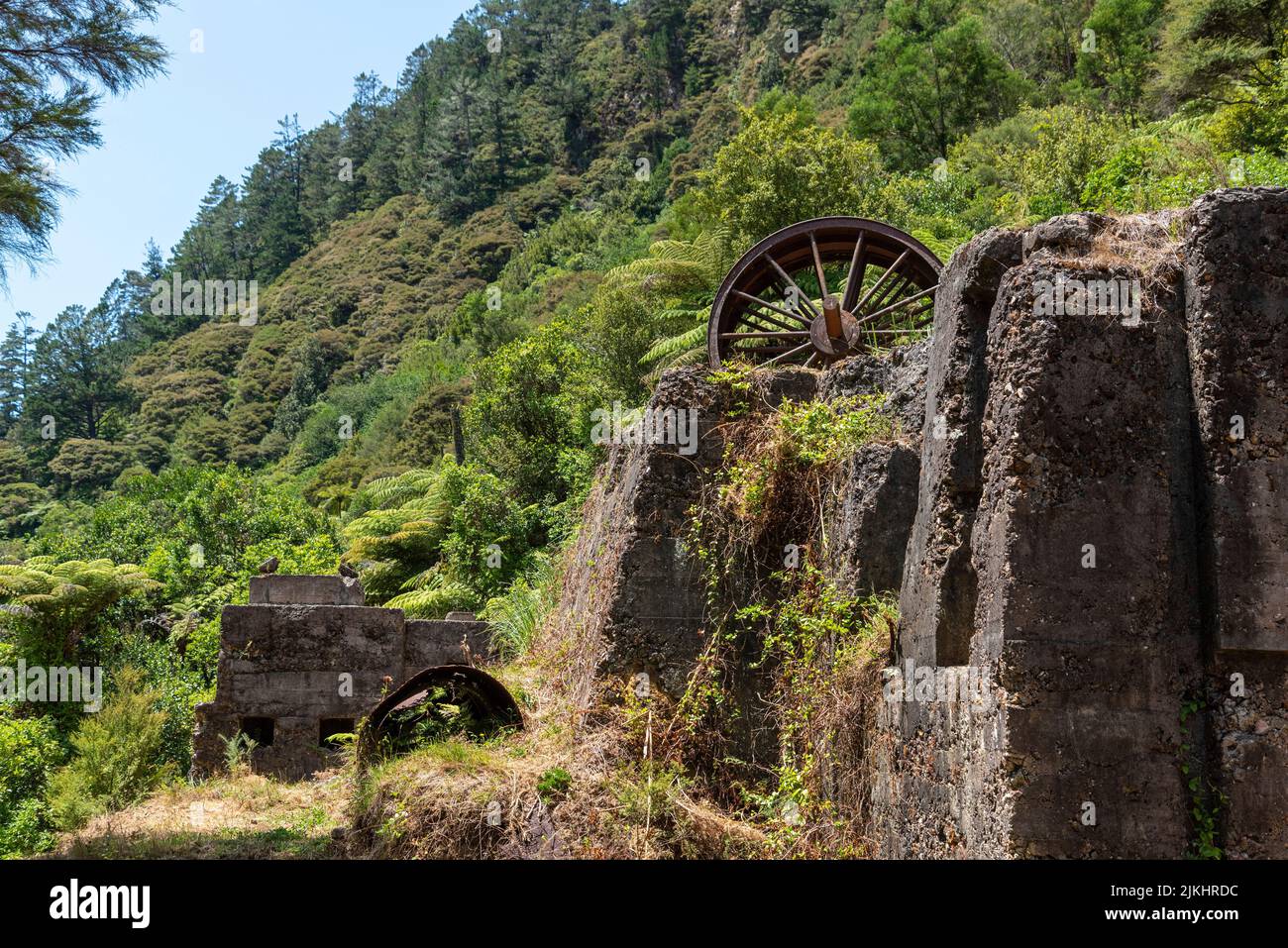 Überreste einer alten Stempelbatterie in Karangahake aus der vergangenen Goldrauschzeit, Coromandel Peninsula, Neuseeland Stockfoto