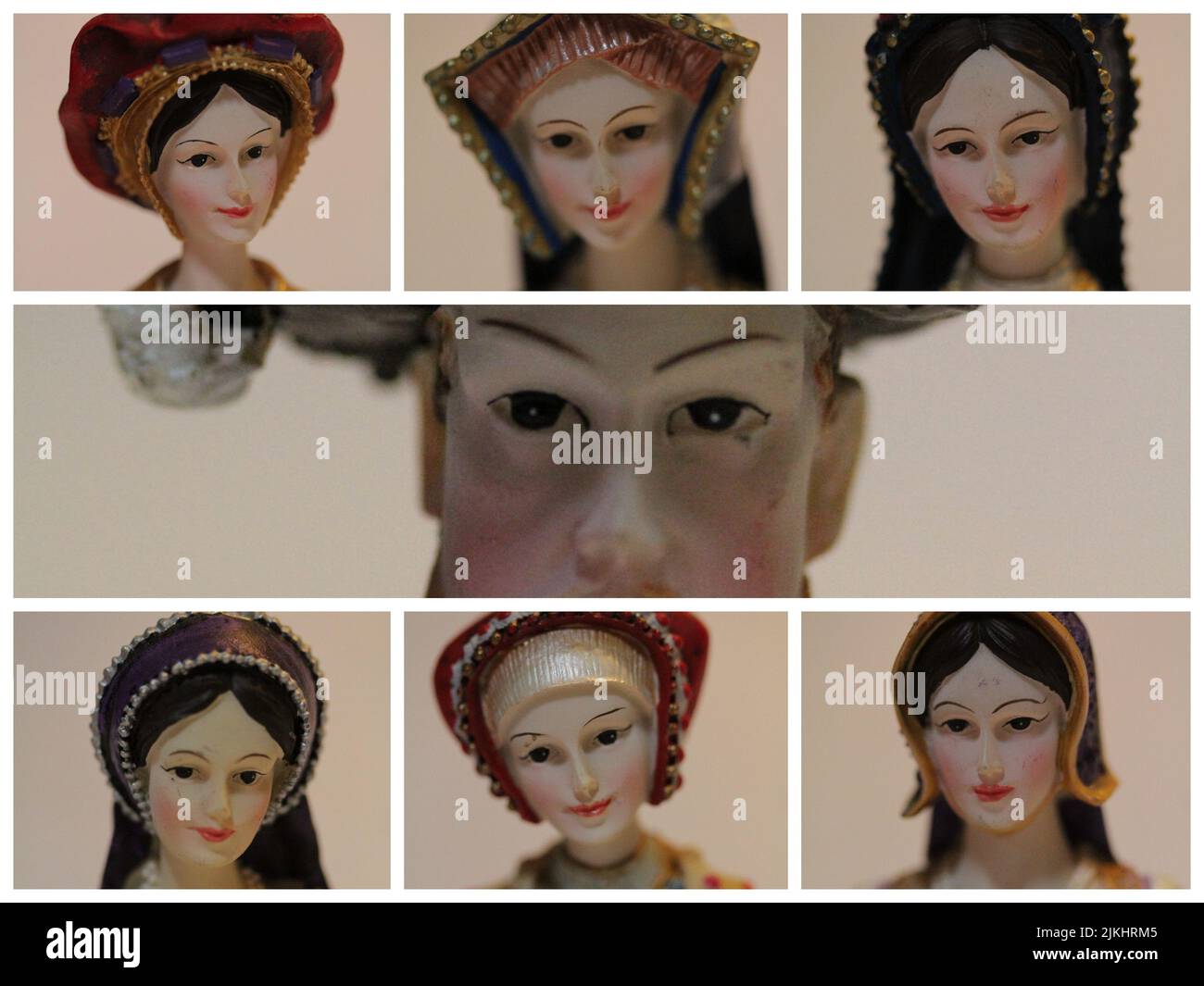 Eine Collage der Figurenbüsten der sechs Ehefrauen Heinrichs VIII Stockfoto