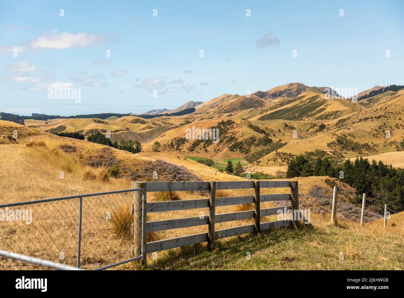 Ländliches Trockenbaugebiet und Hügel im Marlborough District, Südinsel Neuseelands Stockfoto