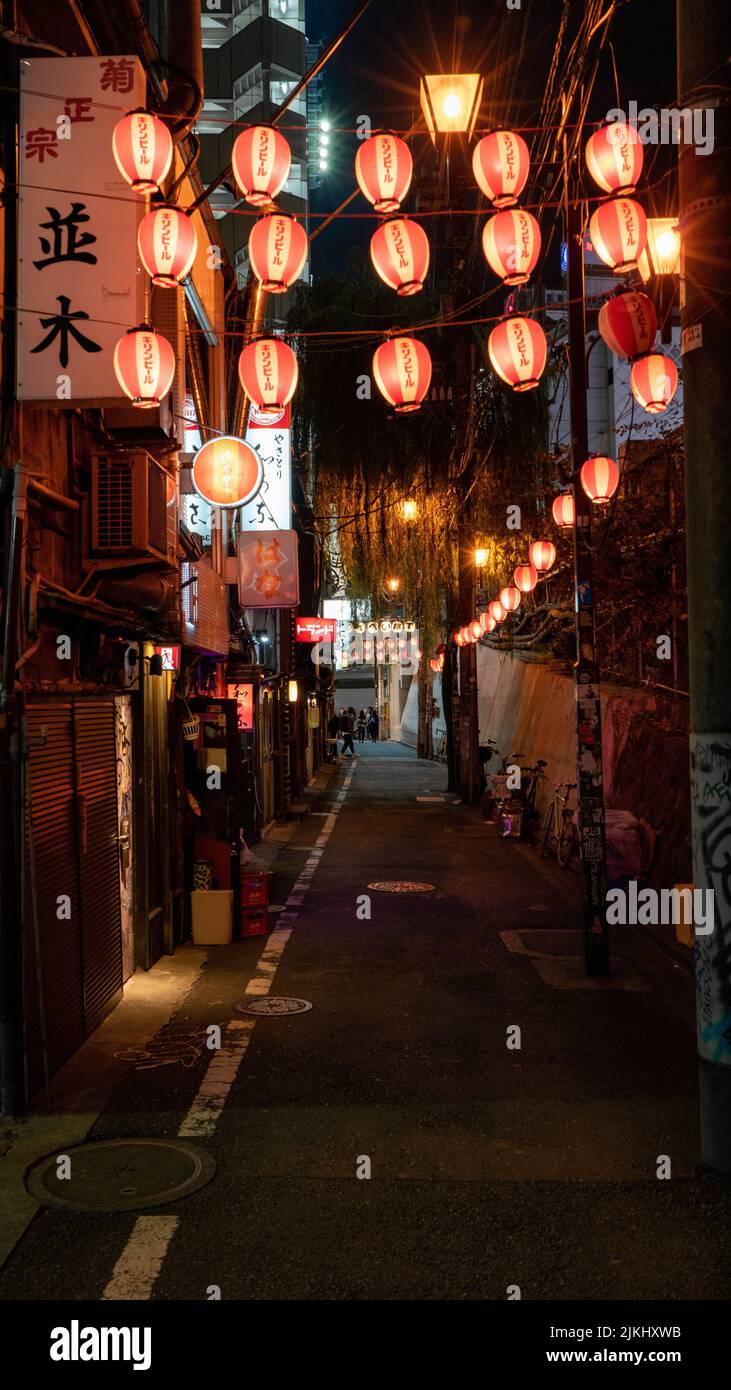 Eine vertikale Aufnahme von Japan Tokyo Alley Lanterns Moody Stockfoto