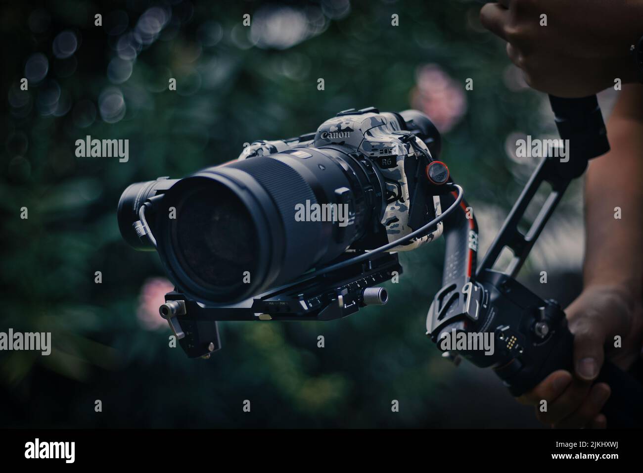 Ein Bild eines Mannes, der mit einer Canon Kamera im Freien mit unscharfem Hintergrund filmt Stockfoto