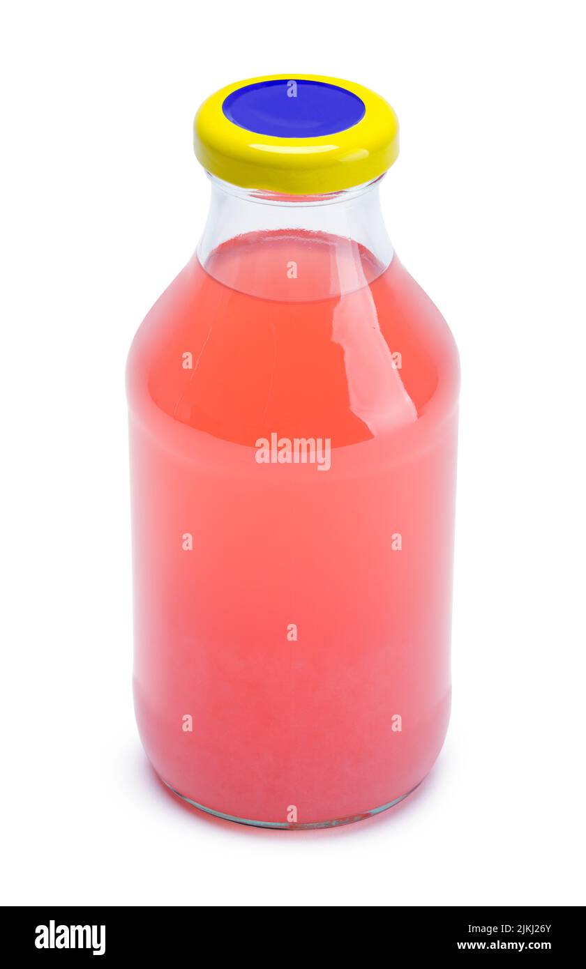 Kleine rosa Limonade Flasche auf Weiß ausgeschnitten. Stockfoto