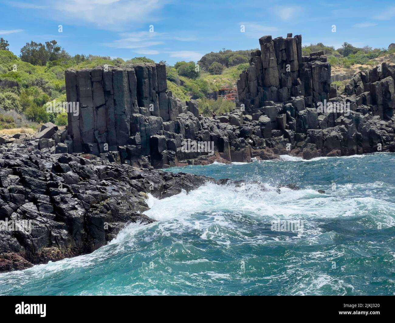 Die Landschaft am Cathedral Rock, Kiama Australien. Diese vulkanischen Felsen haben viele Touristen und Fotografen aufgrund ihrer unverwechselbaren Formen angelockt. Stockfoto