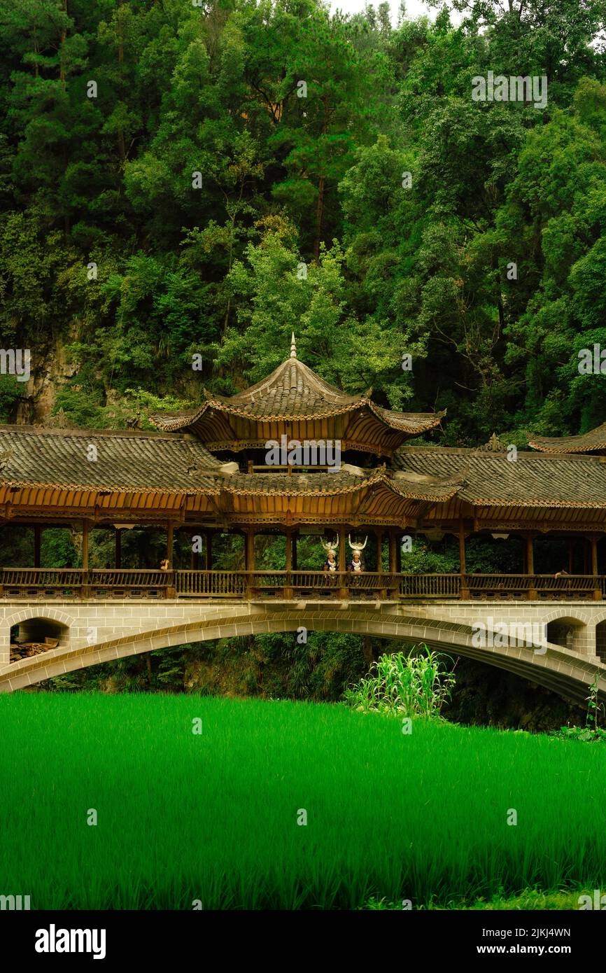 Eine wunderschöne Aufnahme einer Brücke im alten chinesischen Stil gegen dichten Wald während des Tages im Dorf der ethnischen Minderheit Langde Miao, Provinz Guizhou, China Stockfoto