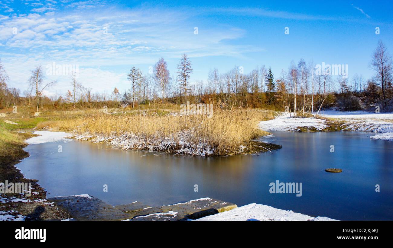 Eine schöne Aufnahme eines gefrorenen Teiches neben einem schneebedeckten Feld im Hintergrund von blattlosen Bäumen. Stockfoto