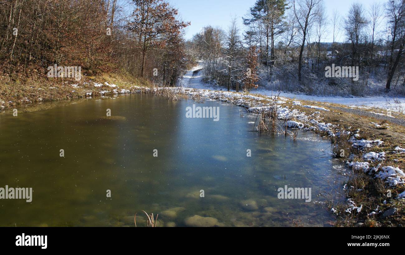 Eine schöne Aufnahme eines gefrorenen Teiches neben einem schneebedeckten Feld im Hintergrund von blattlosen Bäumen. Stockfoto