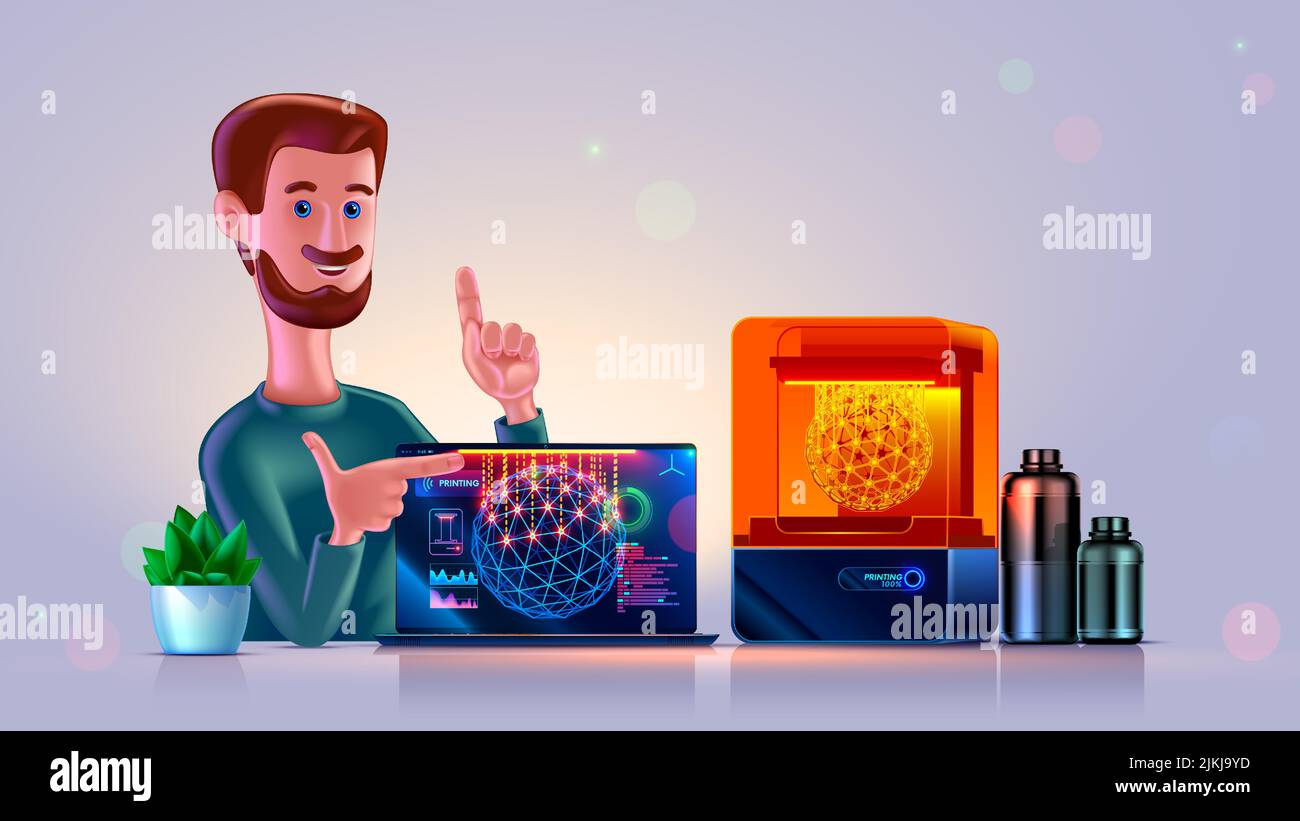 3D Zeichen des lächelnden Mannes mit 3D Drucker zeigt 3D Druck-Tutorial am Bildschirm Laptop. Isolierte Cartoon Clever Ingenieur Lehrcomputer Stock Vektor