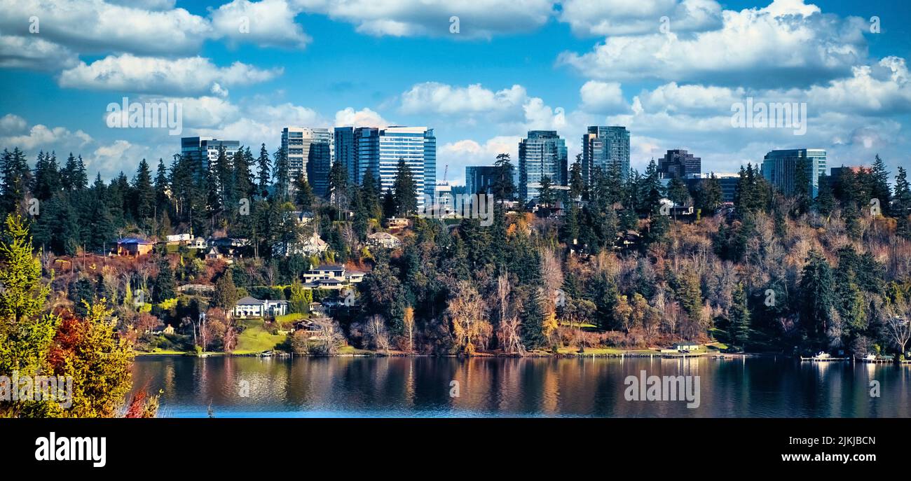 Ein malerischer Blick auf Bellevue mit Wolkenkratzern, die hinter Bäumen über den Lake Washington versteckt sind Stockfoto