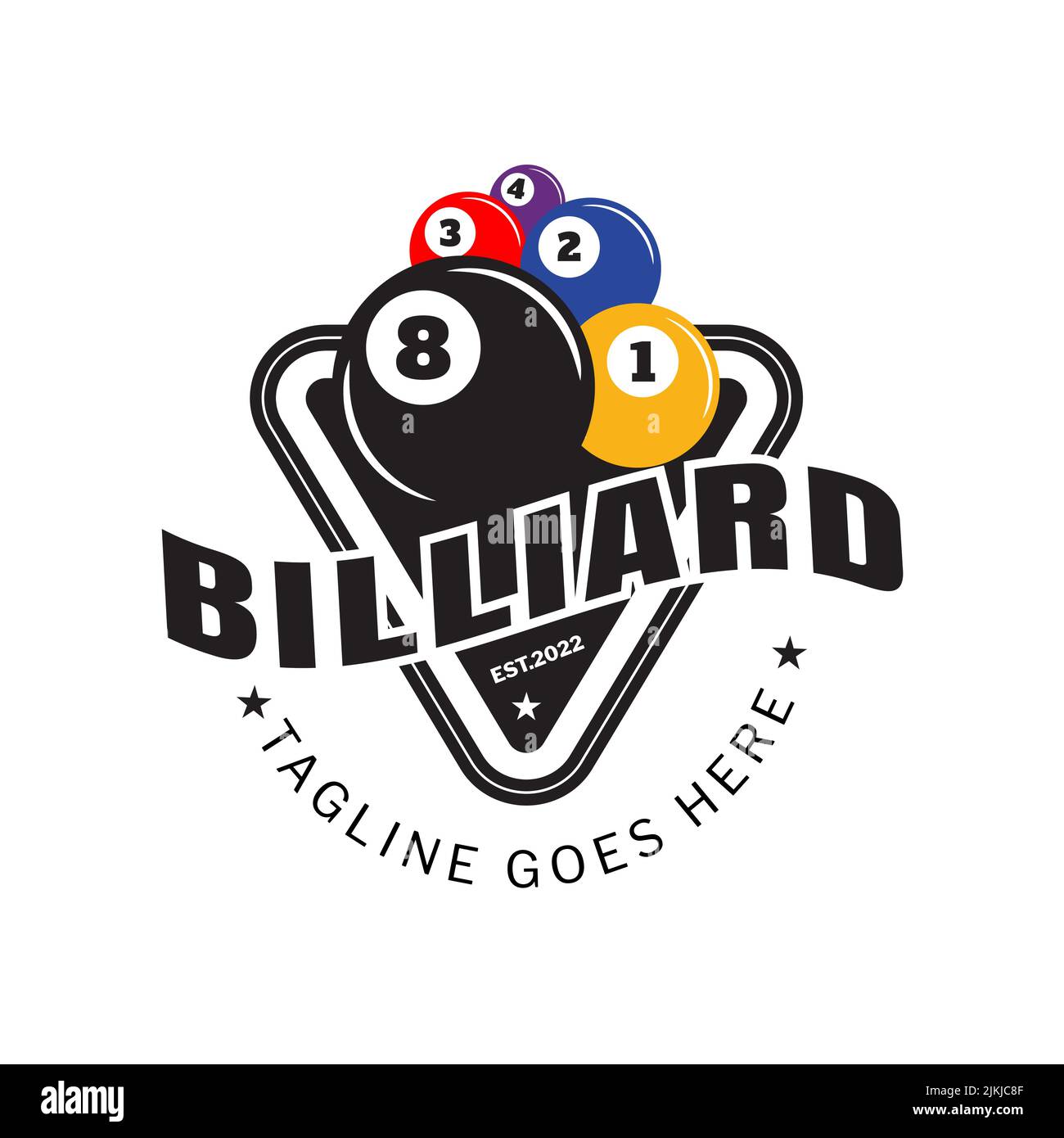 Billard-Design-Logo mit schwarzen, gelben, blauen, roten, violetten Kugeln und einfachem Text, Billardraum, Dreieck oder Billardclub, Billardball, Symbole Stock Vektor
