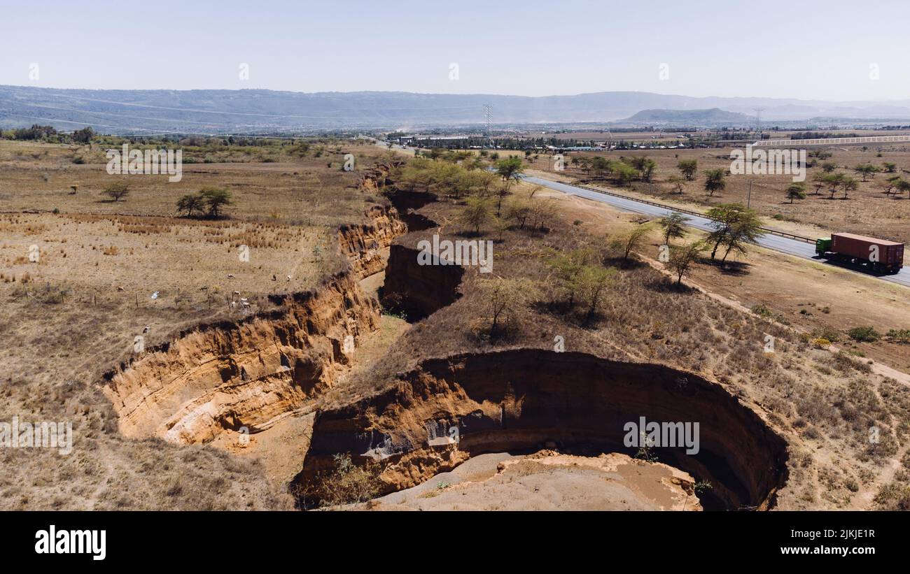 Eine Luftaufnahme der zerrissenen Teile des Landes in Gorge, Naivasha, Kenia Stockfoto
