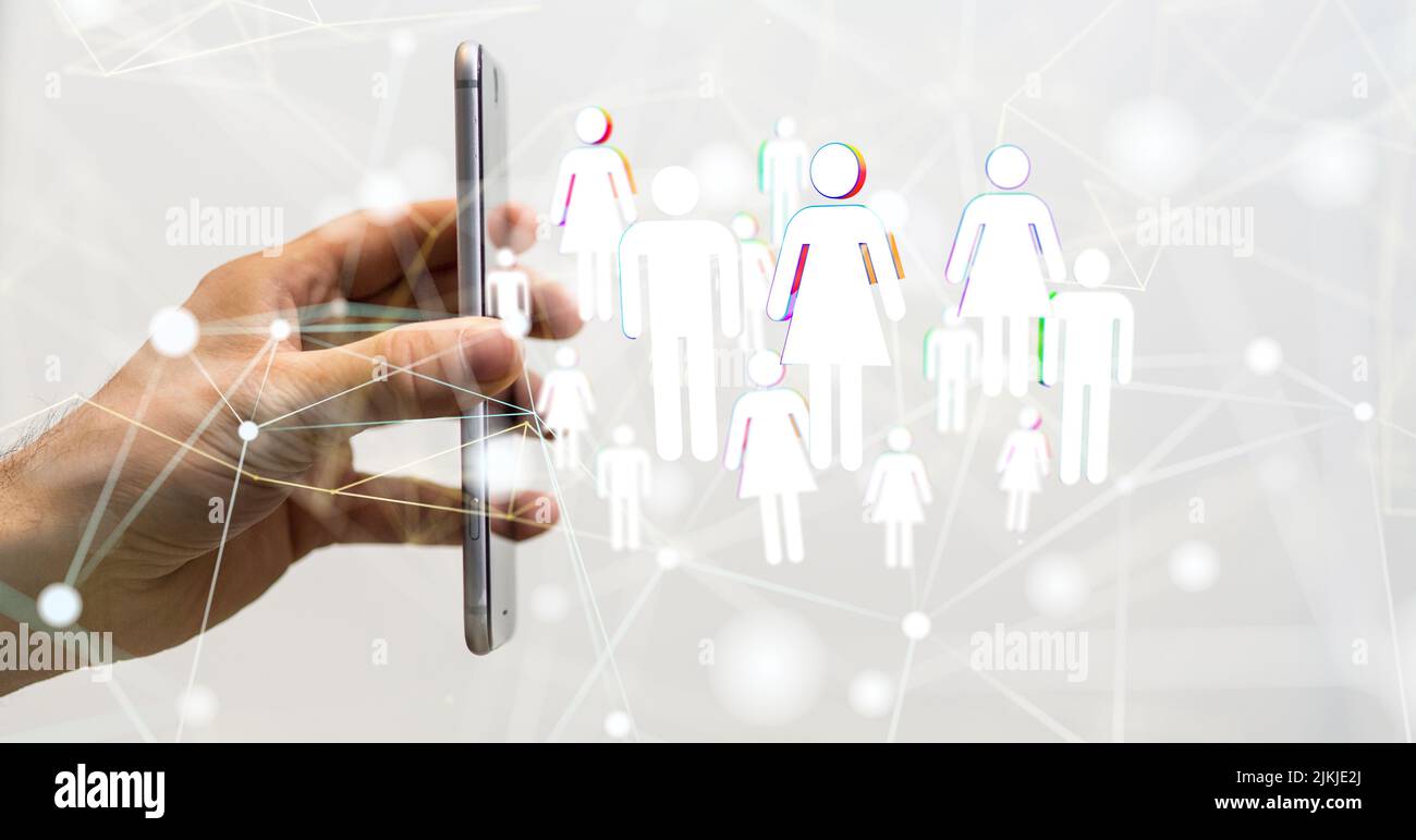 Eine 3D Illustration eines Netzwerks von Menschen, die von einem Mobiltelefon aus projizieren - globales Netzwerk, Blockchain, neuronales Netzwerk Konzept Stockfoto
