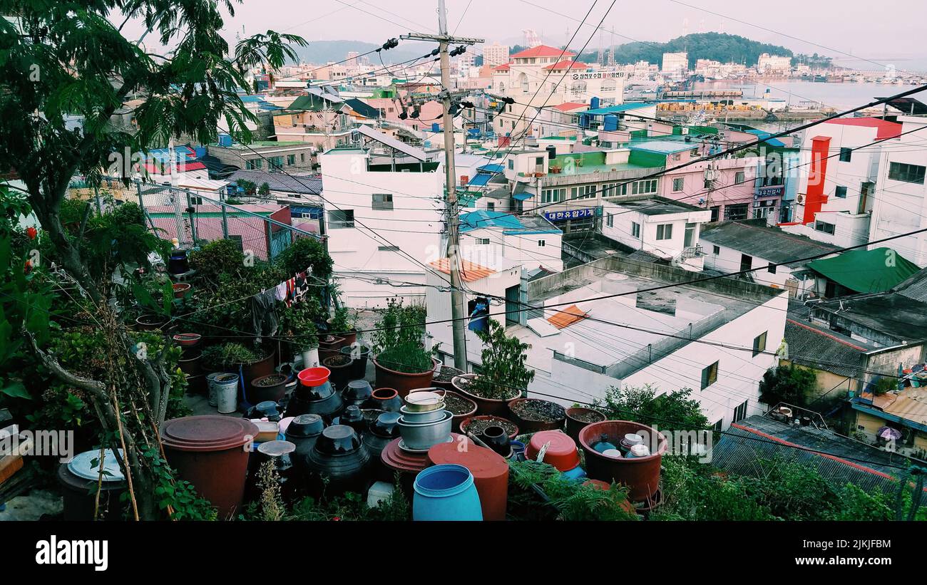 Die kleinen Häuser mit Pflanzen auf einer Klippe in einem kleinen Fischerdorf in Südkorea. Stockfoto