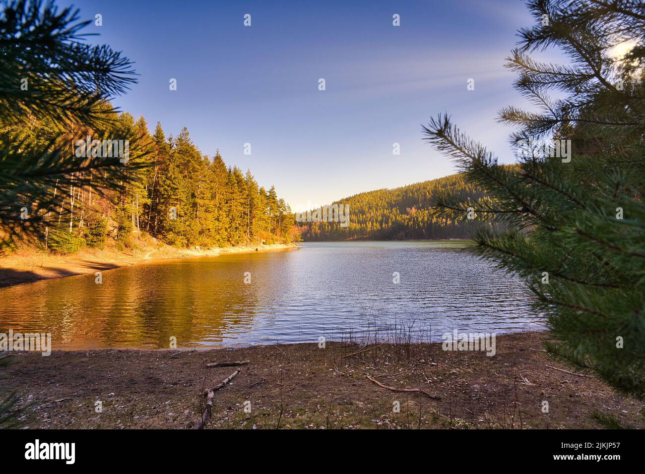 Ein natürlicher Landschaftsblick auf den Thüringer Wald in Deutschland mit einem See, der die Wärme der Sonnenstrahlen erhält Stockfoto