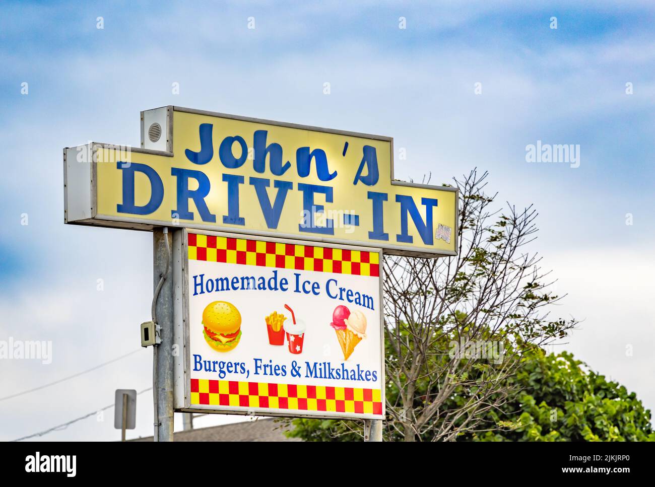 Schild für John's Drive-in, Montauk, NY Stockfoto