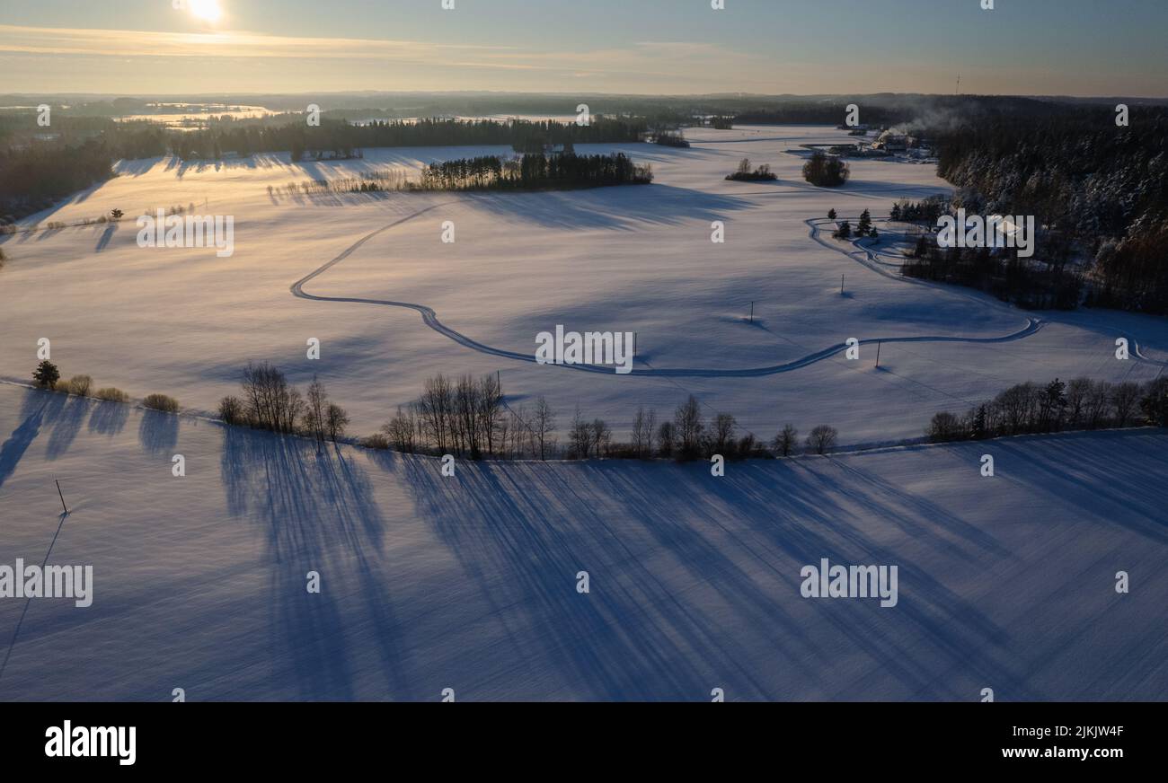 Eine Luftdrohne Ansicht eines großen Feldes, das alle mit Schnee bedeckt ist, mit blattlosen trockenen Bäumen bei Sonnenuntergang Stockfoto