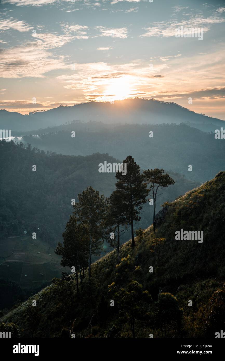 Eine vertikale Aufnahme eines Sonnenaufgangs über dem Little Adam's Peak in Sri Lanka Stockfoto