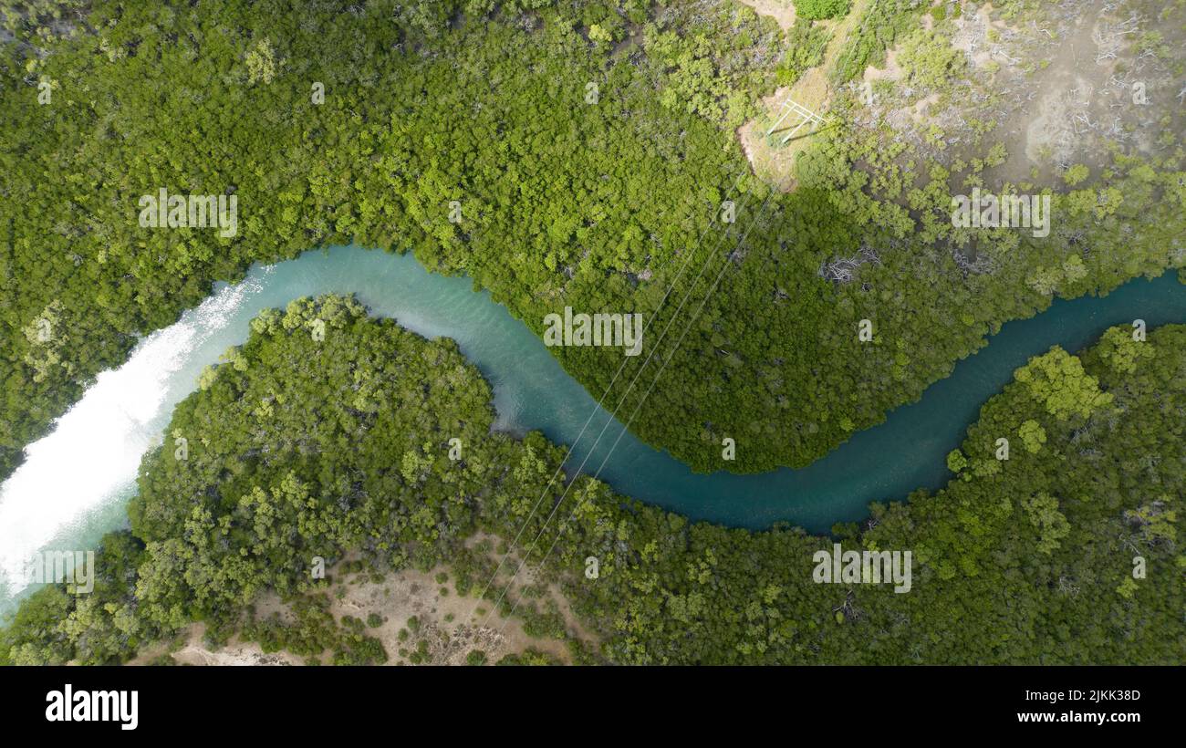 Eine Luftaufnahme eines schönen Flusses, der Schlangenform annimmt, inmitten einer grünen Landschaft Stockfoto