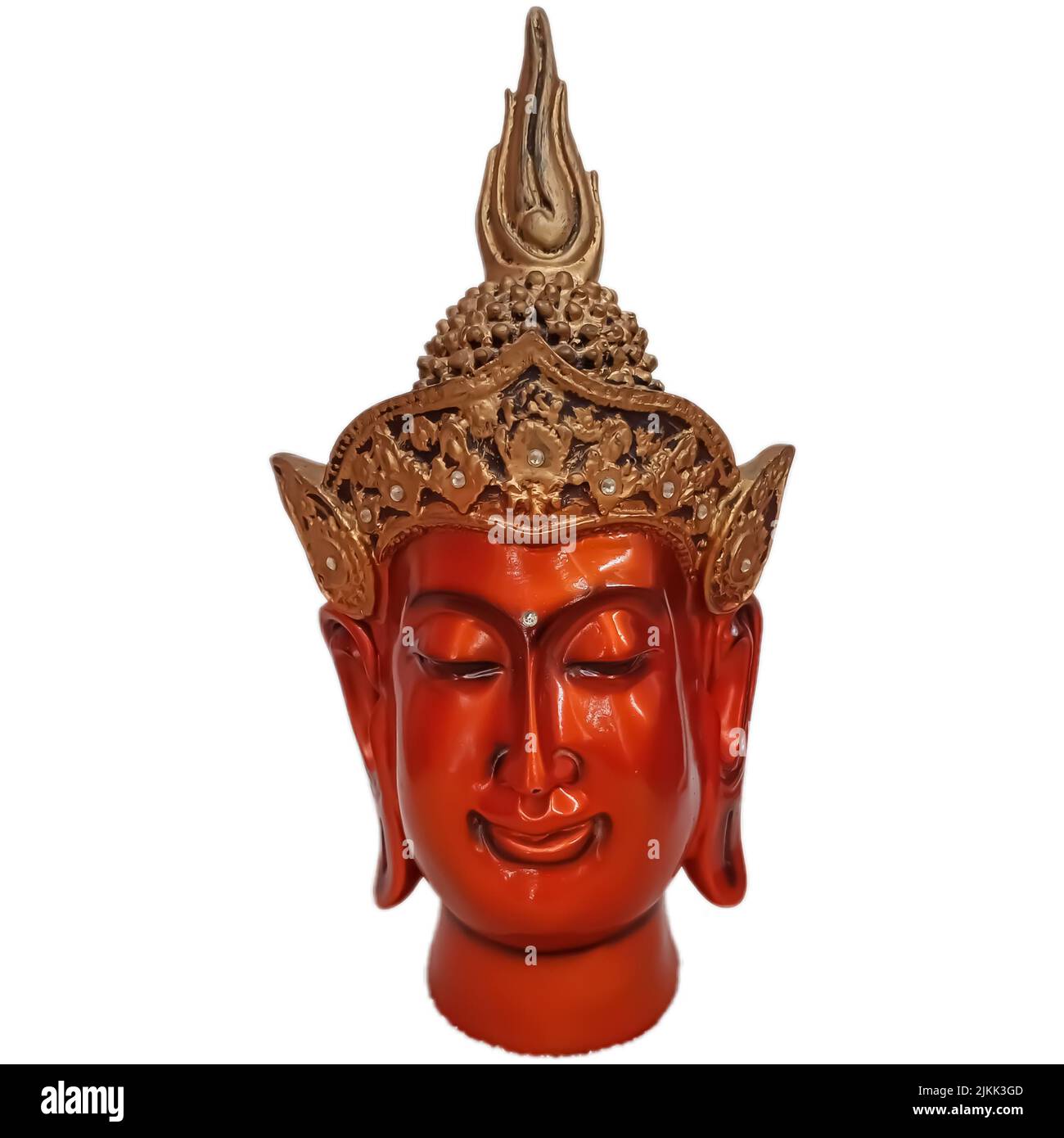 Eine Nahaufnahme des Buddha-Kopfes isoliert auf weißem Hintergrund Stockfoto